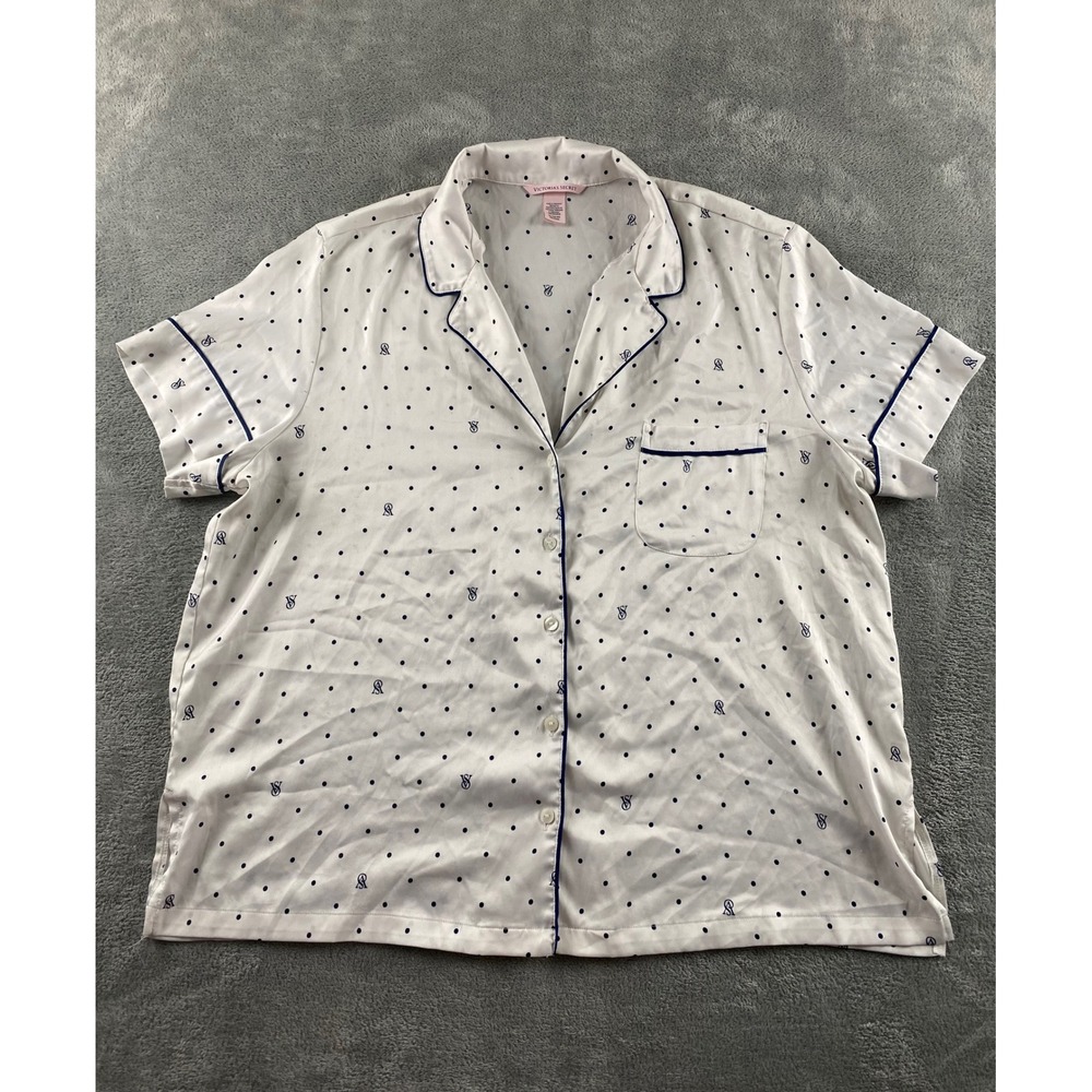 Victoria's Secret Satin Pajama Top XL White Navy Blue Polka Dot Monogram Button